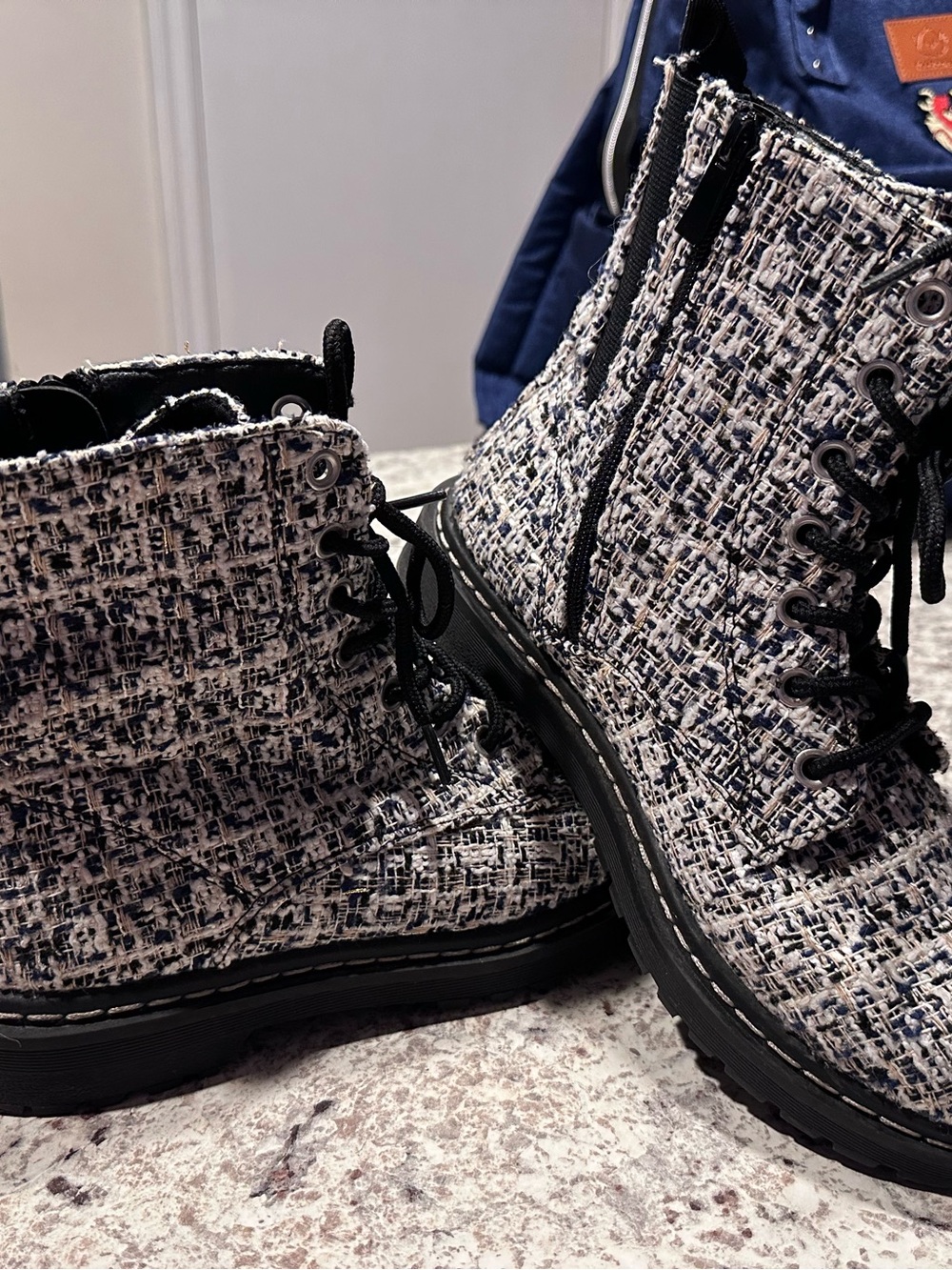 TORRID EUC Navy/cream/metallic tweed combat boots size 9W